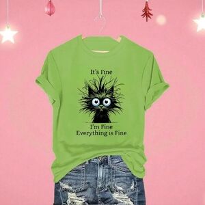HOT Topic Cotton Graphic Green "Anxious Black Cat" T-Shirt